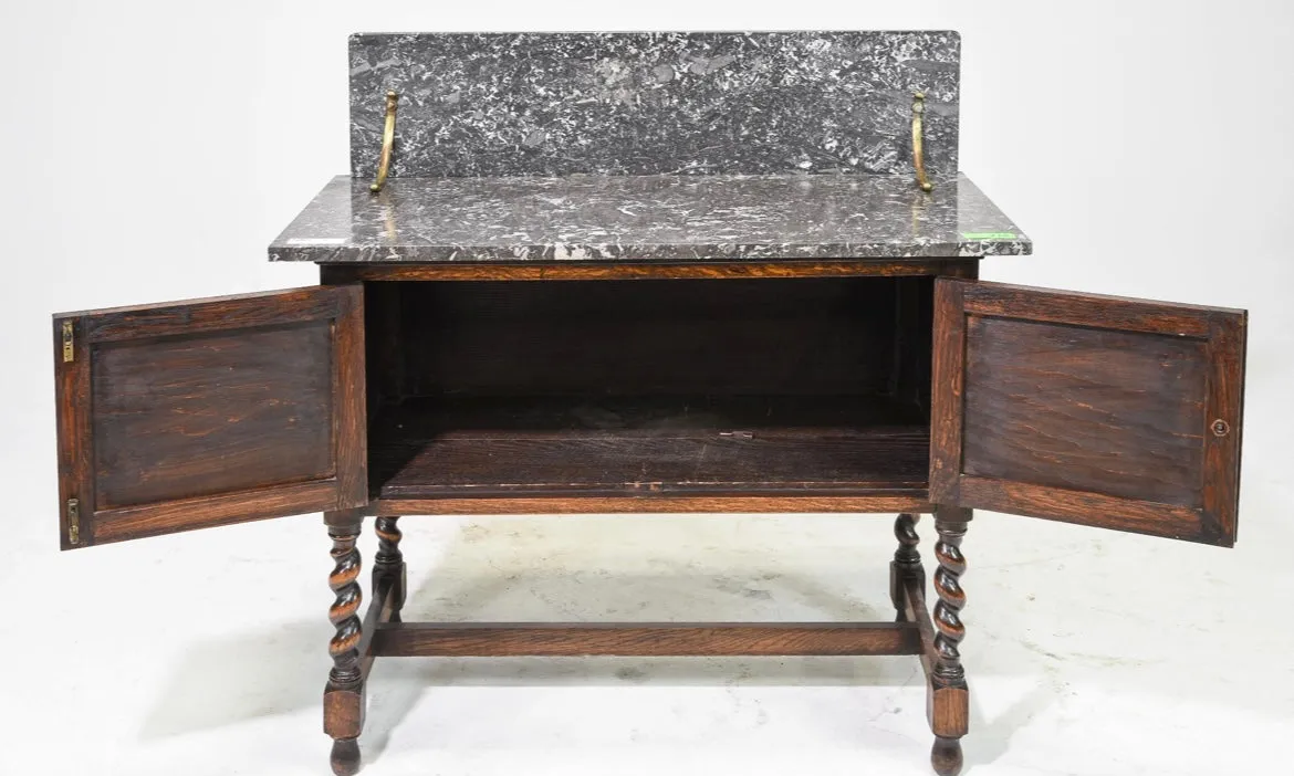 1920s British Oak Barley Twist Marble Top Washstand