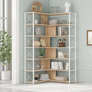 7-Tier L-Shaped Corner Bookcase, Industrial Style Metal Frame with Open Storage