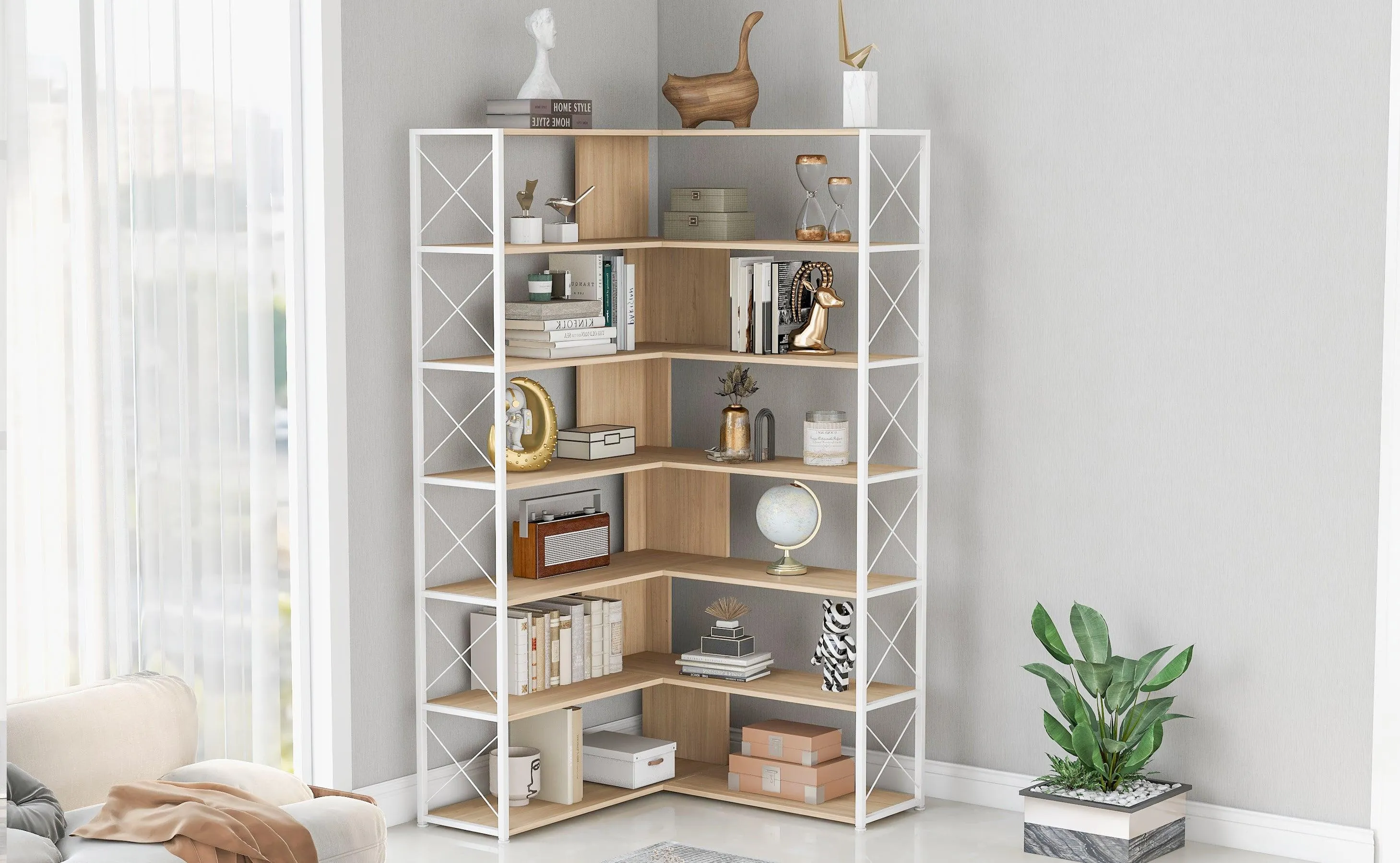 7-Tier L-Shaped Corner Bookcase, Industrial Style Metal Frame with Open Storage