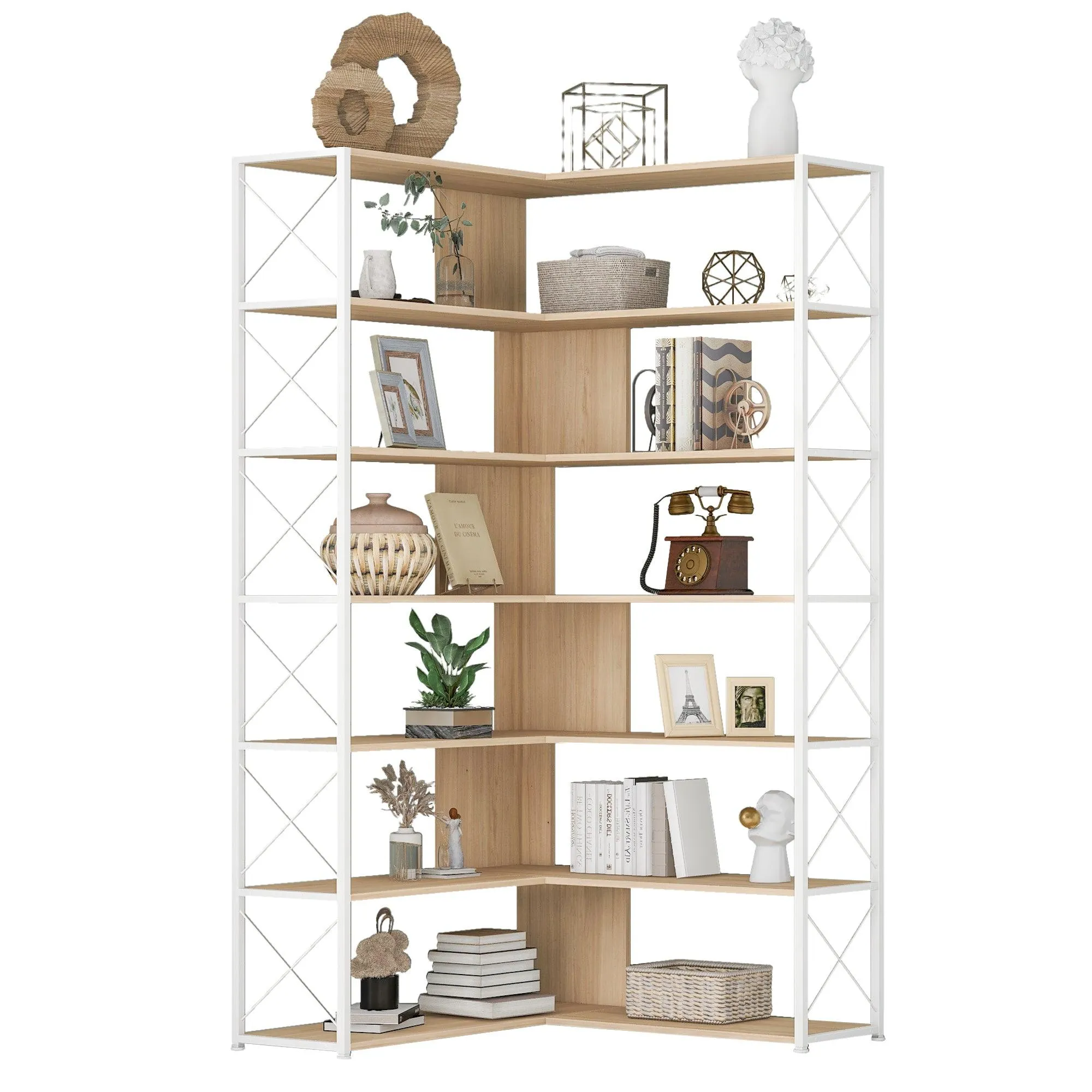 7-Tier L-Shaped Corner Bookcase, Industrial Style Metal Frame with Open Storage