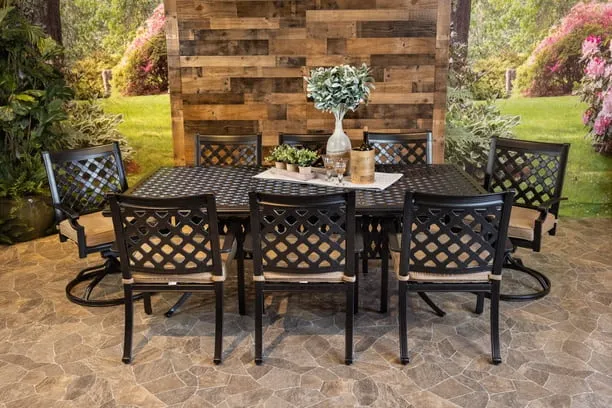 CHATEAU 9 PIECE DINING SET - 48" x 84"-127" Extension Weave Dining Table, 6 Chairs and 2 Swivel Chairs