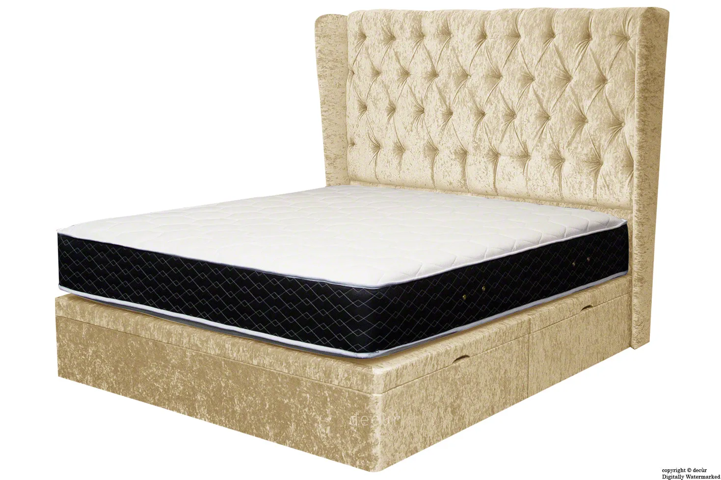 Elizabeth Winged Buttoned Crushed Velvet Bed - Buttermilk