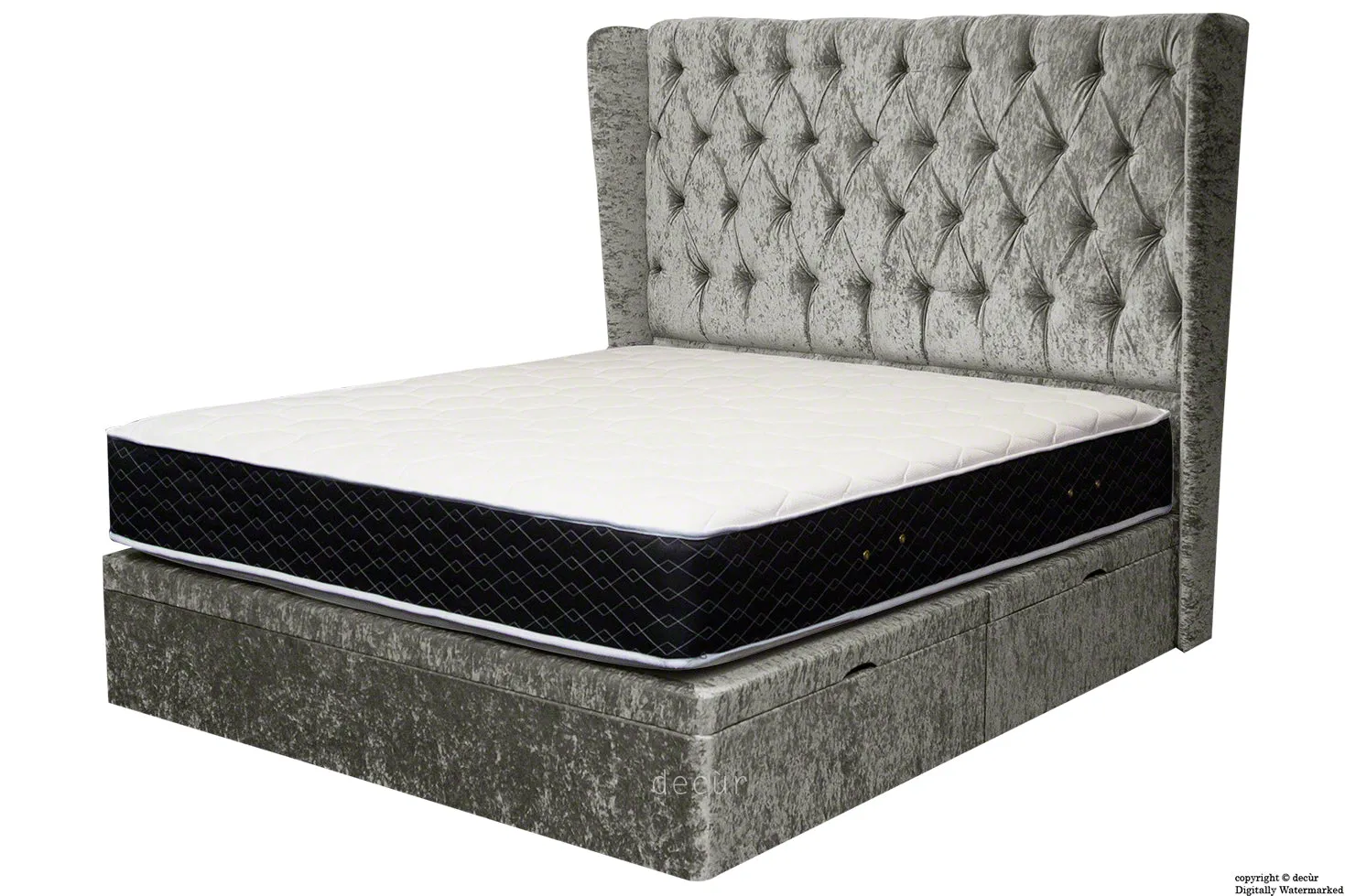 Elizabeth Winged Buttoned Crushed Velvet Bed - Pewter