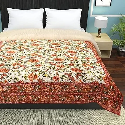 fashhub Jaipuri World Famous Lightweight Pure Cotton Traditional Rajasthani Print Orange Double Bed Quilt/Razai | Cozy & Stylish Bedding