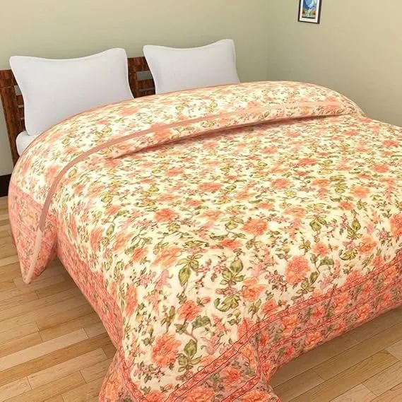 fashhub Jaipuri World Famous Lightweight Pure Cotton Traditional Rajasthani Print Orange Double Bed Quilt/Razai | Cozy & Stylish Bedding