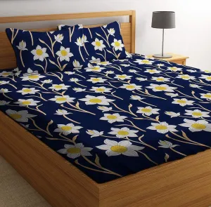 Glace Cotton Double Bedsheet with 2 Pillow Covers (Bluefand Yellow Flower)