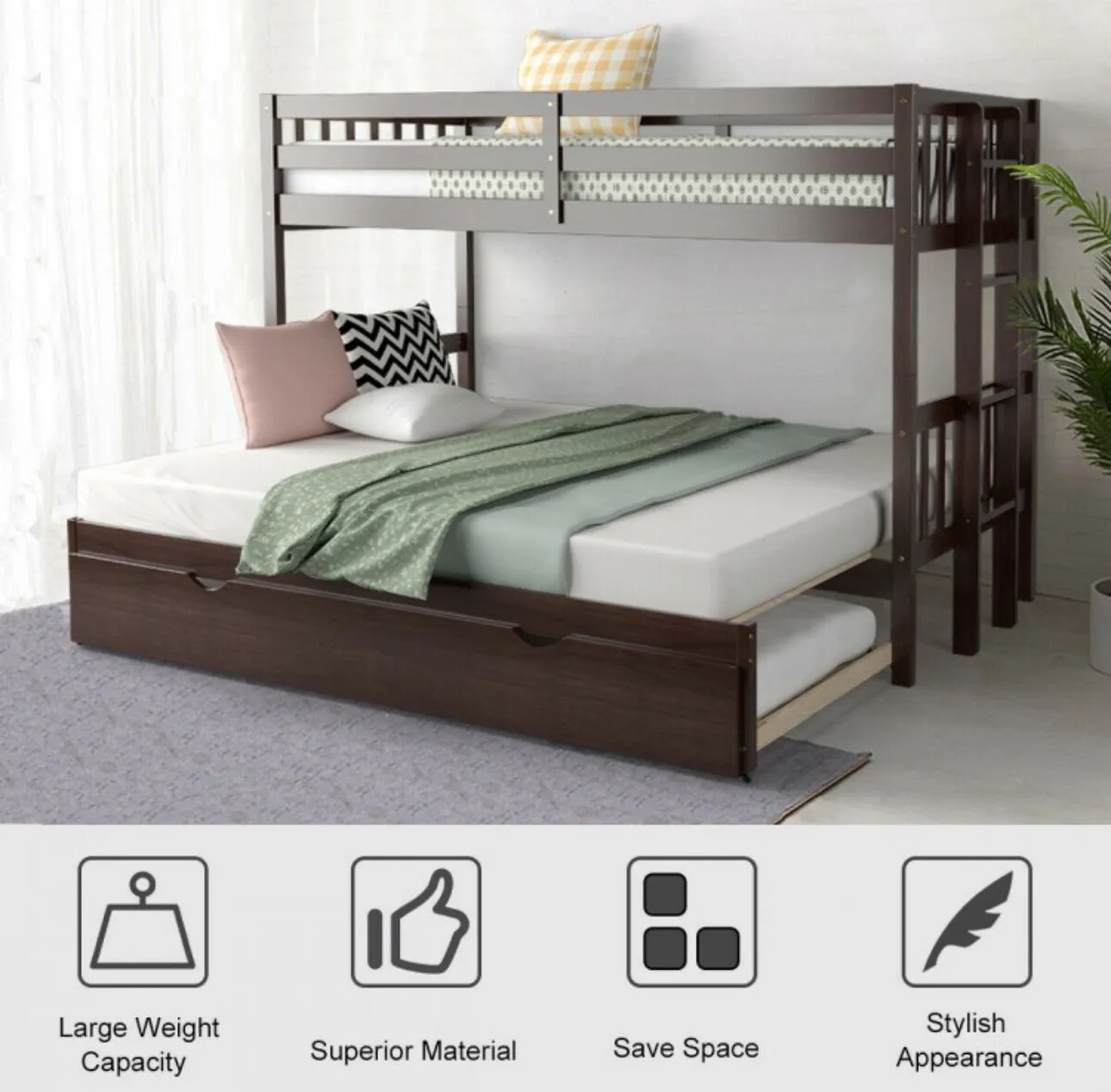 Heavy Duty Modern 4-in-1 Design Twin Pull-Out Bunk Bed With Trundle Wooden Ladder | High Guardrail | Sturdy Bed Board