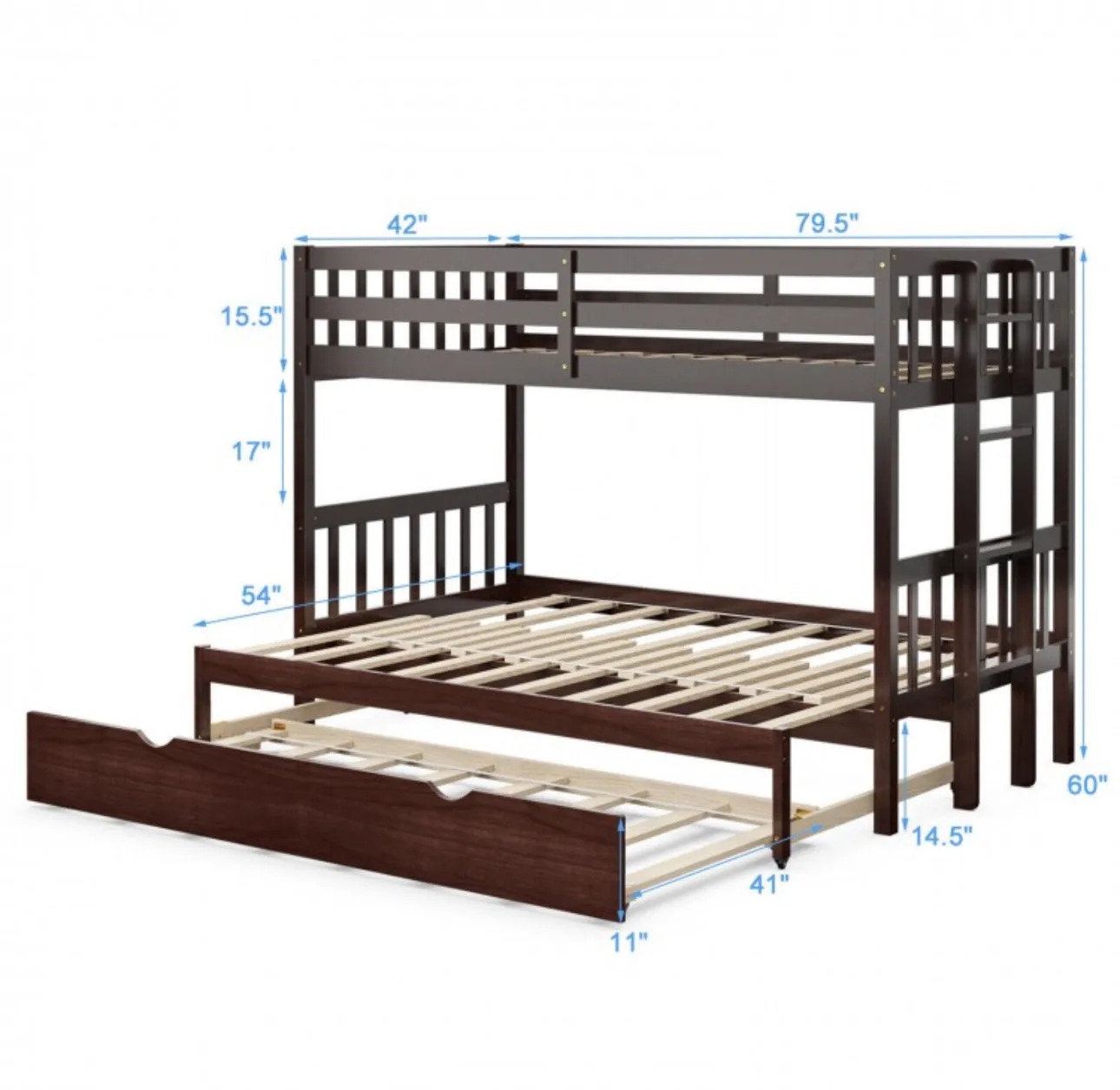 Heavy Duty Modern 4-in-1 Design Twin Pull-Out Bunk Bed With Trundle Wooden Ladder | High Guardrail | Sturdy Bed Board