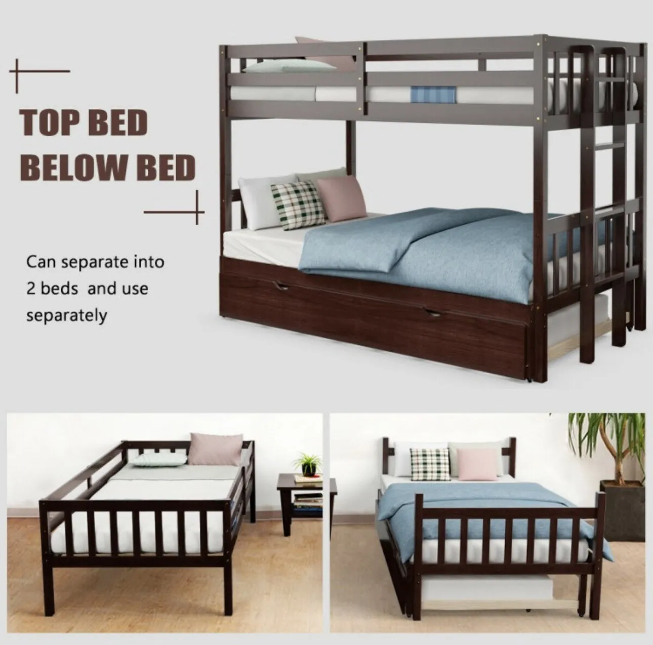 Heavy Duty Modern 4-in-1 Design Twin Pull-Out Bunk Bed With Trundle Wooden Ladder | High Guardrail | Sturdy Bed Board