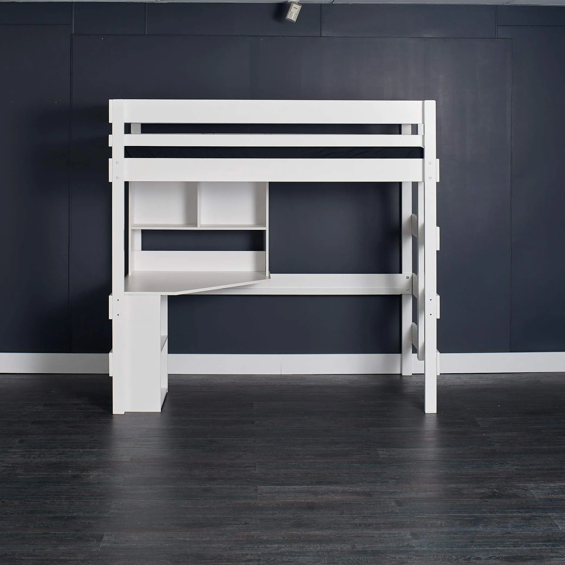 Loft Bed with Quad Desk   Pedestal Shelf Unit and Small Bookcase