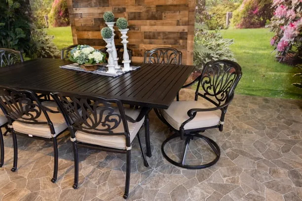 LYNNWOOD 9 PIECE DINING SET - 46" x 93" Stone Harbor Dining Table, 6 Chairs and 2 Swivel Chairs