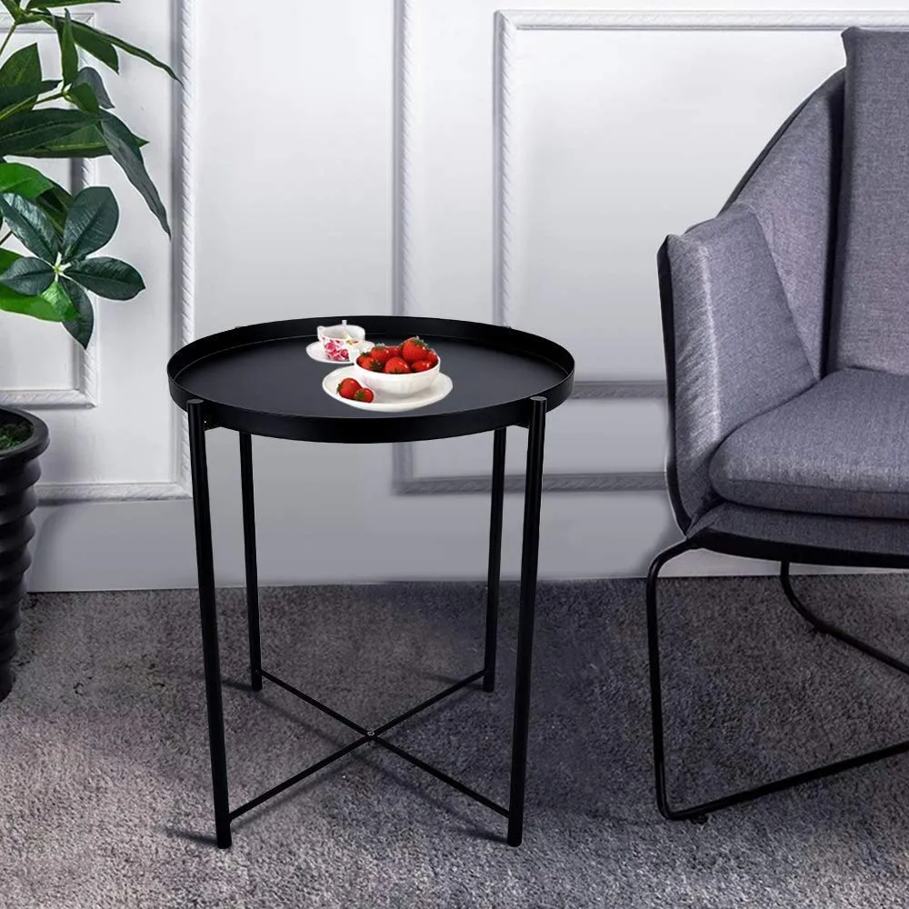 Minimalist Metal Round Tray Side Table-Black