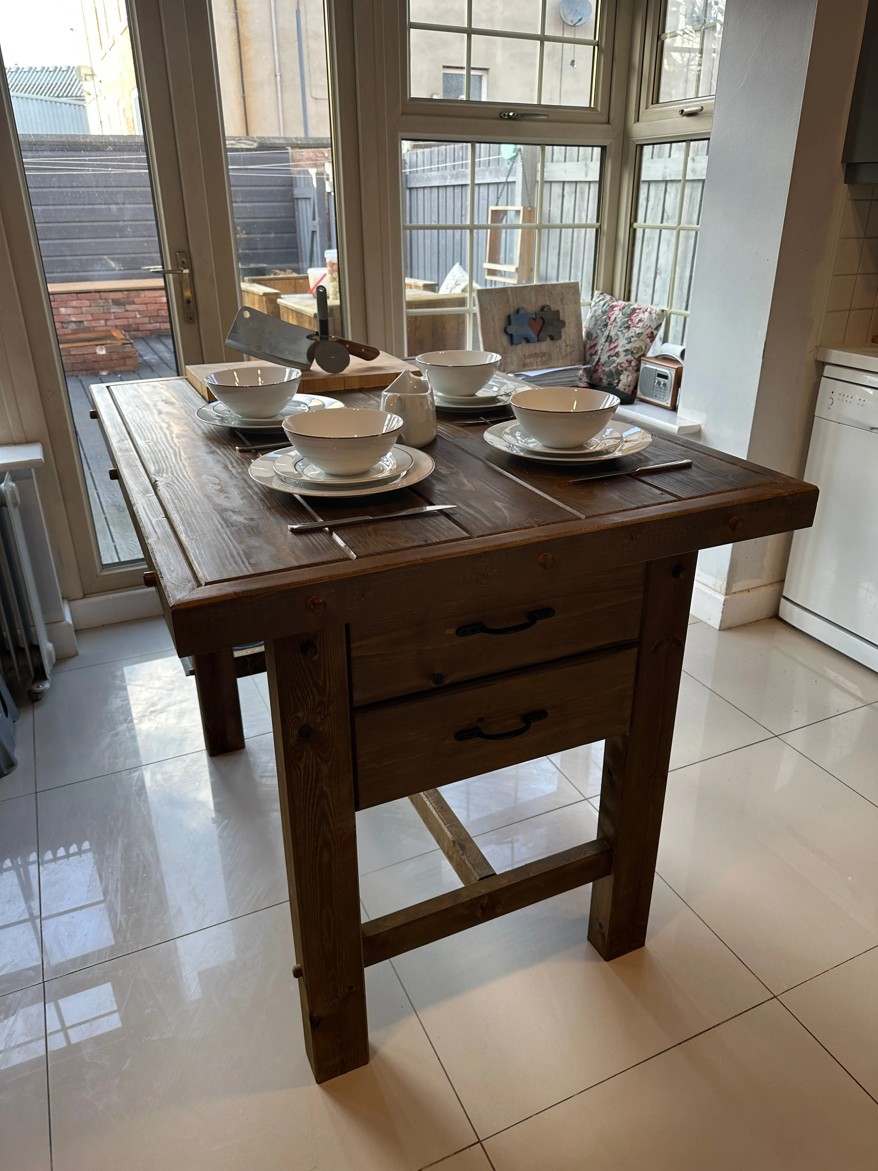 Solid Kitchen Island table. With Optional Built in Butchers Block, Drawers and Wine Rack