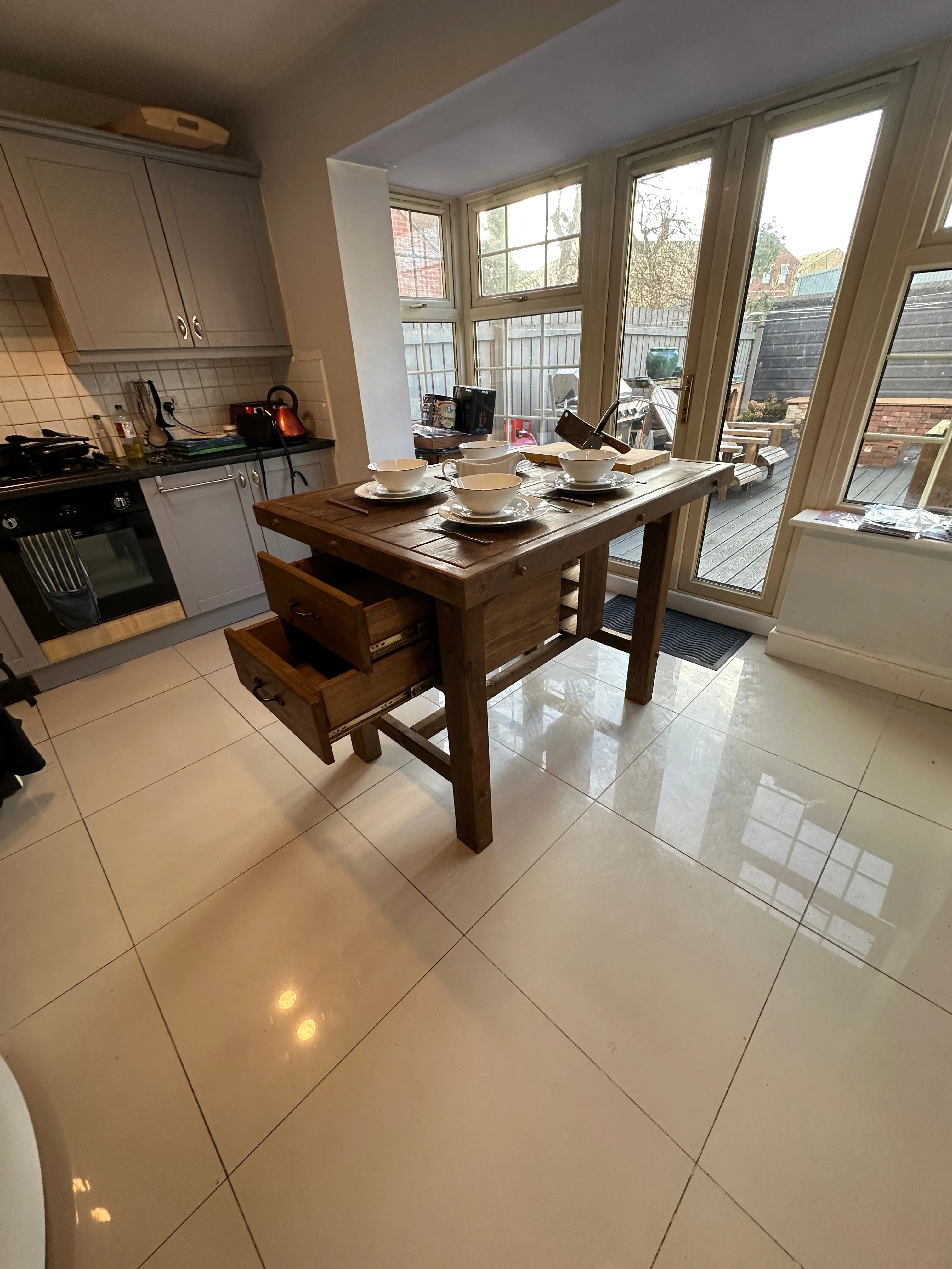 Solid Kitchen Island table. With Optional Built in Butchers Block, Drawers and Wine Rack