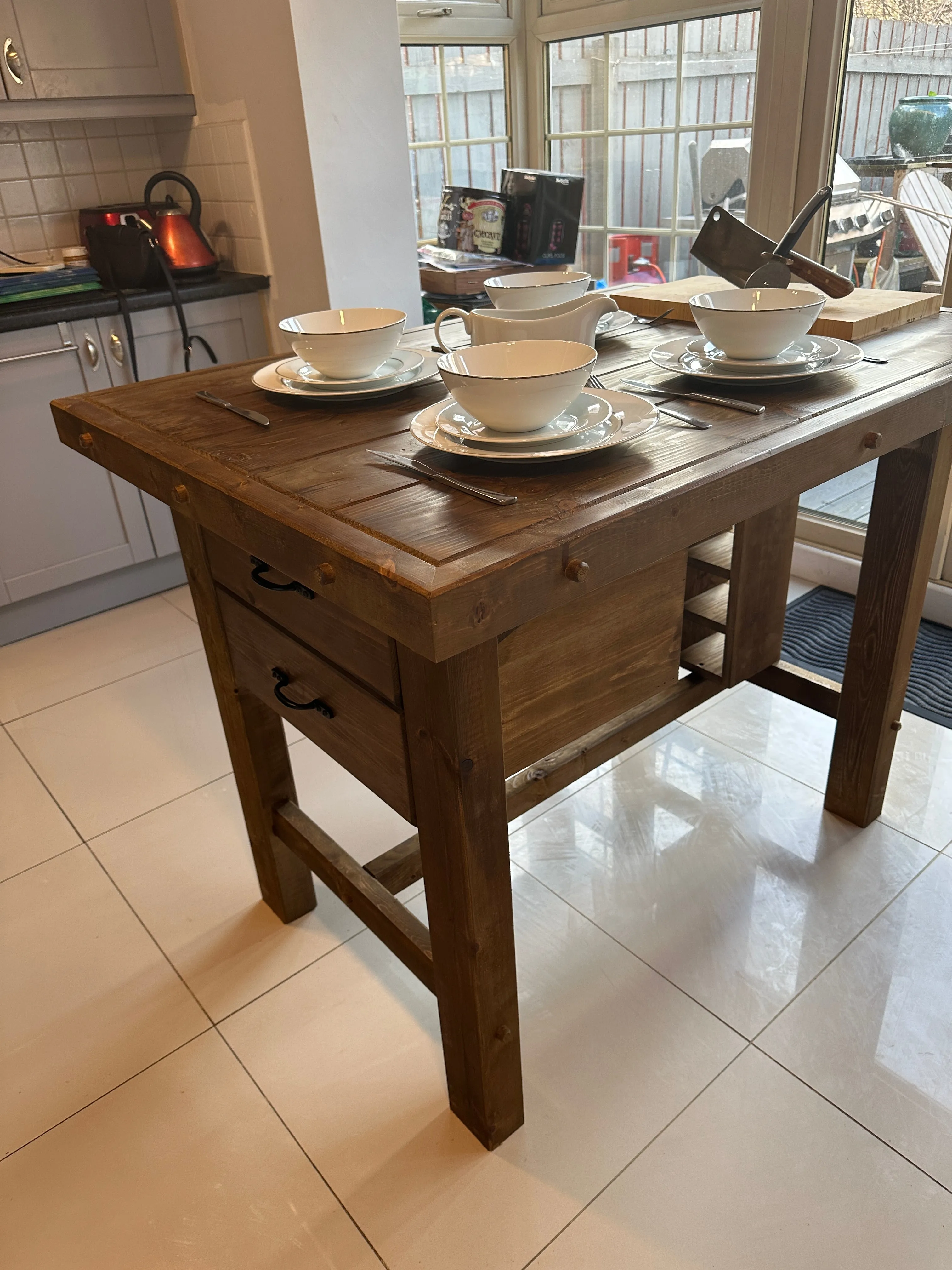 Solid Kitchen Island table. With Optional Built in Butchers Block, Drawers and Wine Rack