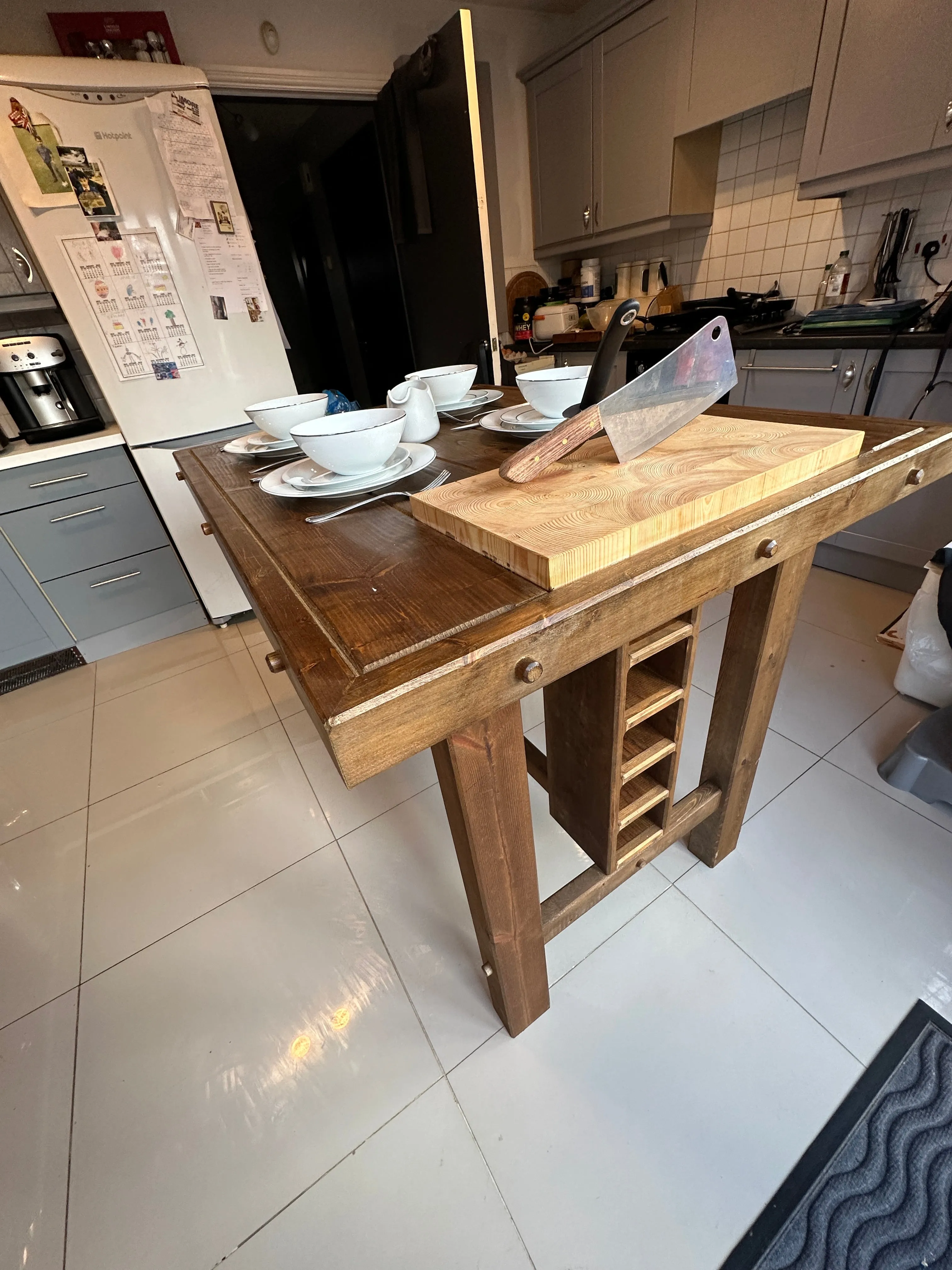 Solid Kitchen Island table. With Optional Built in Butchers Block, Drawers and Wine Rack