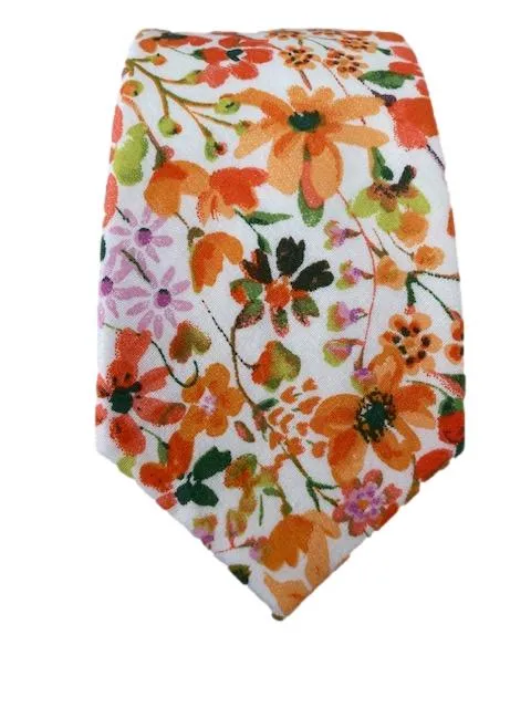 Vibrant Orange Pink and Green Skinny Cotton Necktie